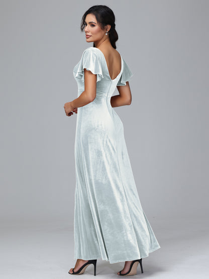 Short Sleeves Velvet Bridesmaid Dress With Slit