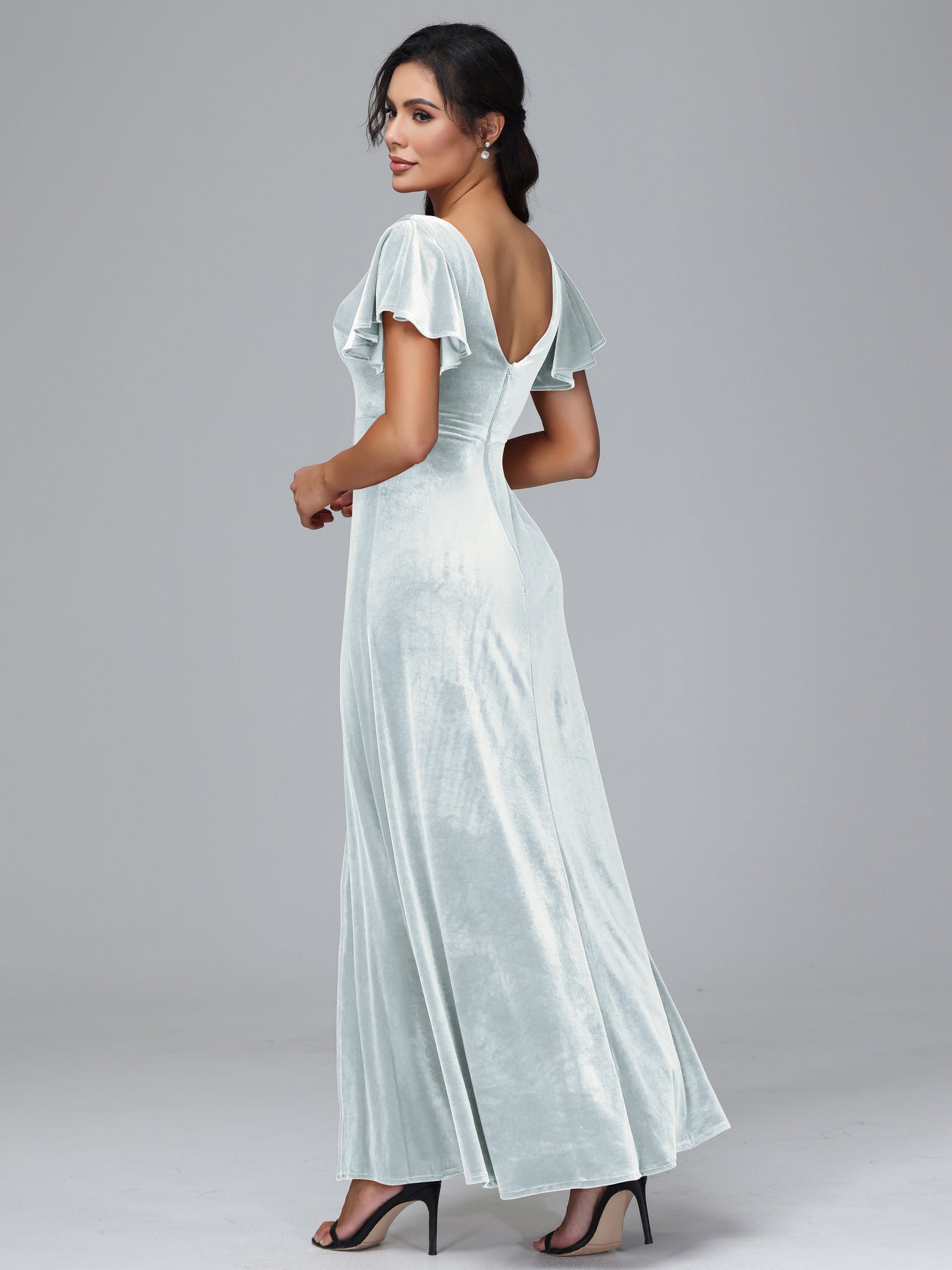 Short Sleeves Plus Size Velvet Bridesmaid Dress With Slit