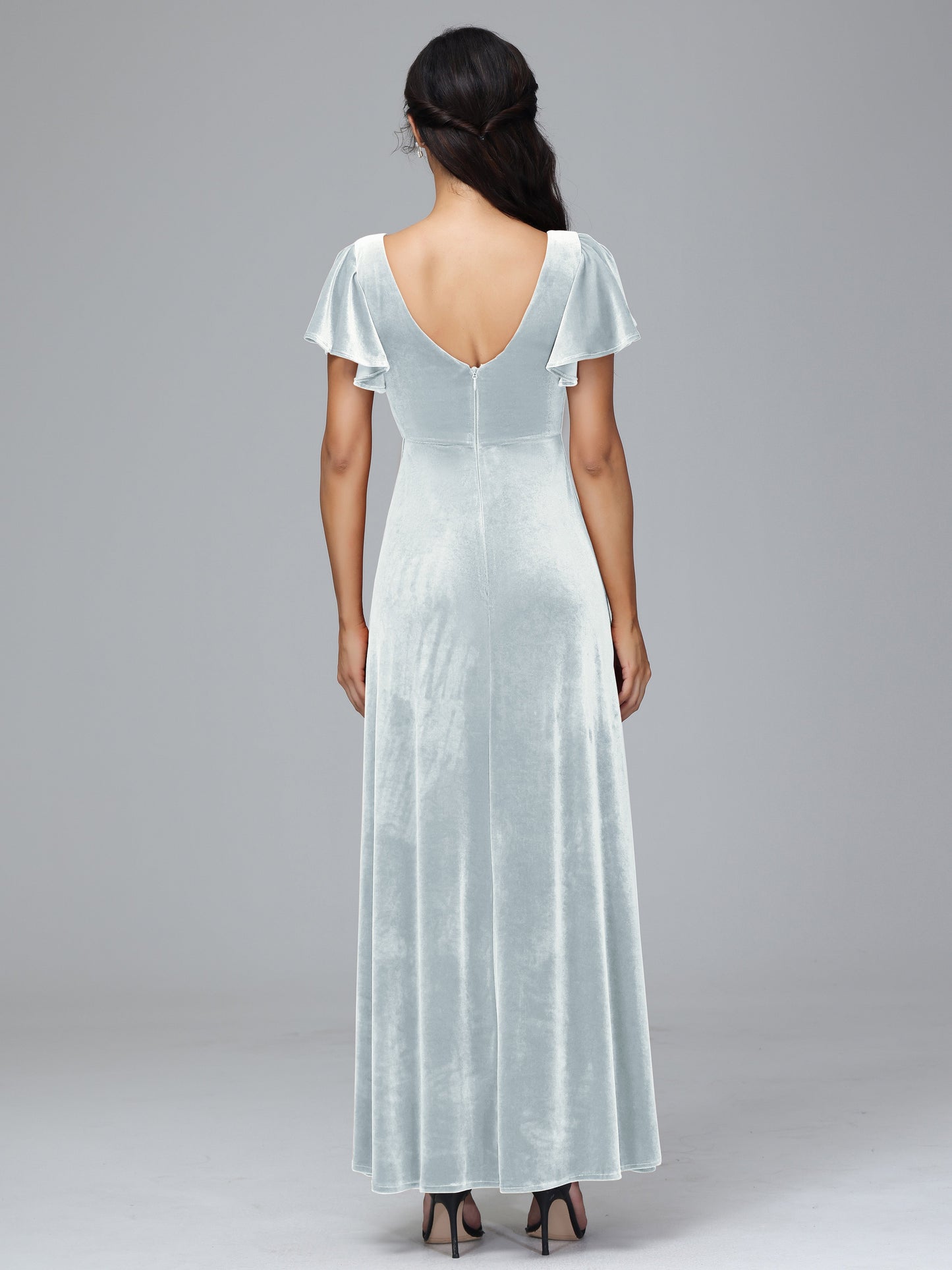Short Sleeves Velvet Bridesmaid Dress With Slit
