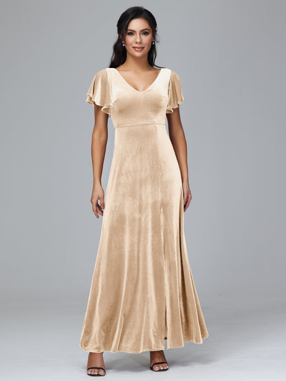 Short Sleeves Plus Size Velvet Bridesmaid Dress With Slit