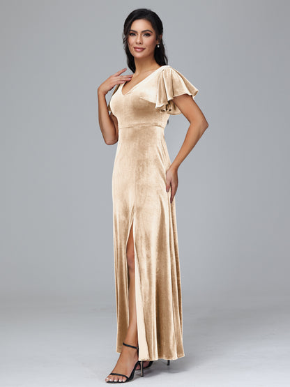 Short Sleeves Velvet Bridesmaid Dress With Slit