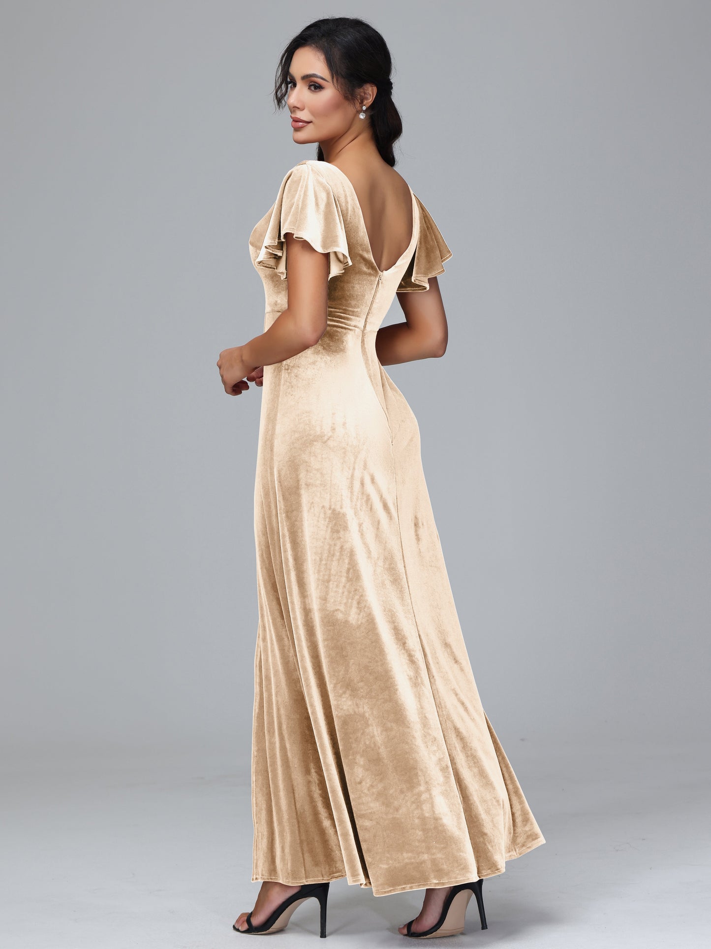 Short Sleeves Velvet Bridesmaid Dress With Slit