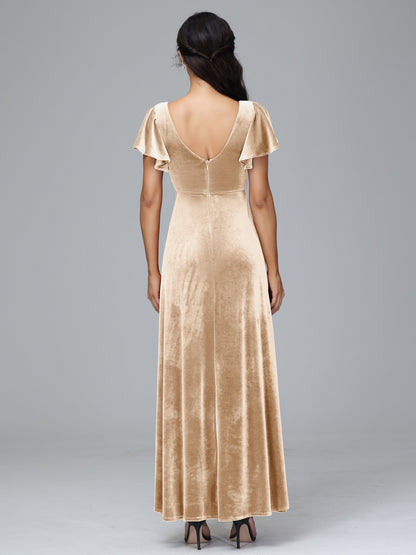 Short Sleeves Plus Size Velvet Bridesmaid Dress With Slit