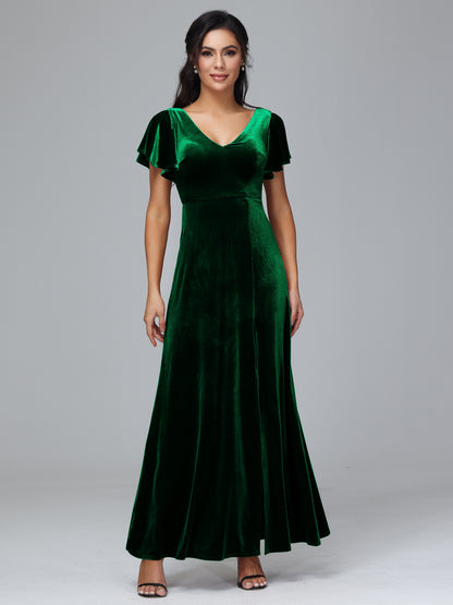 Short Sleeves Velvet Bridesmaid Dress With Slit