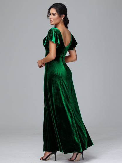 Short Sleeves Velvet Bridesmaid Dress With Slit