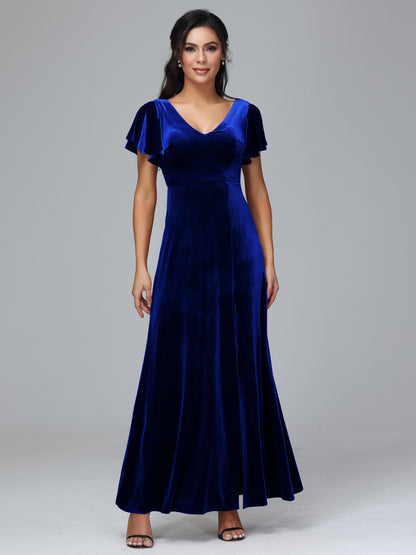 Short Sleeves Plus Size Velvet Bridesmaid Dress With Slit