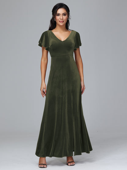 Short Sleeves Plus Size Velvet Bridesmaid Dress With Slit