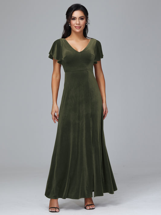 Short Sleeves Plus Size Velvet Bridesmaid Dress With Slit