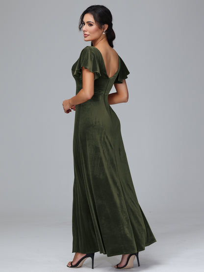Short Sleeves Velvet Bridesmaid Dress With Slit