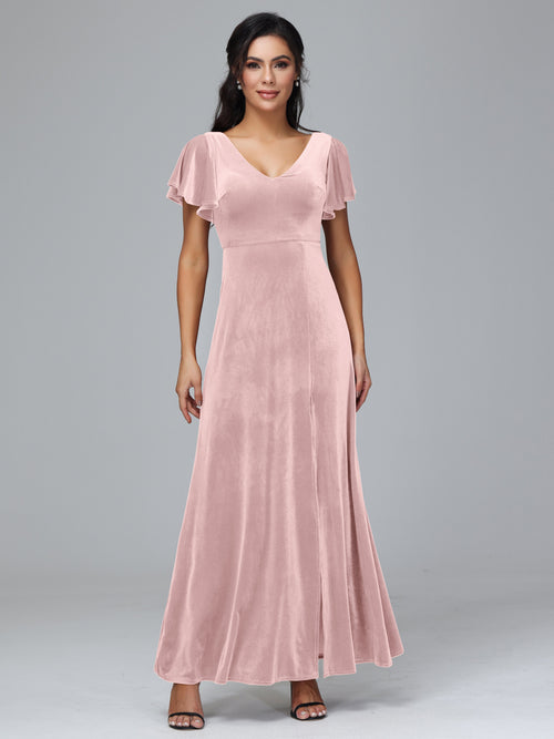 Short Sleeves Velvet Bridesmaid Dress With Slit
