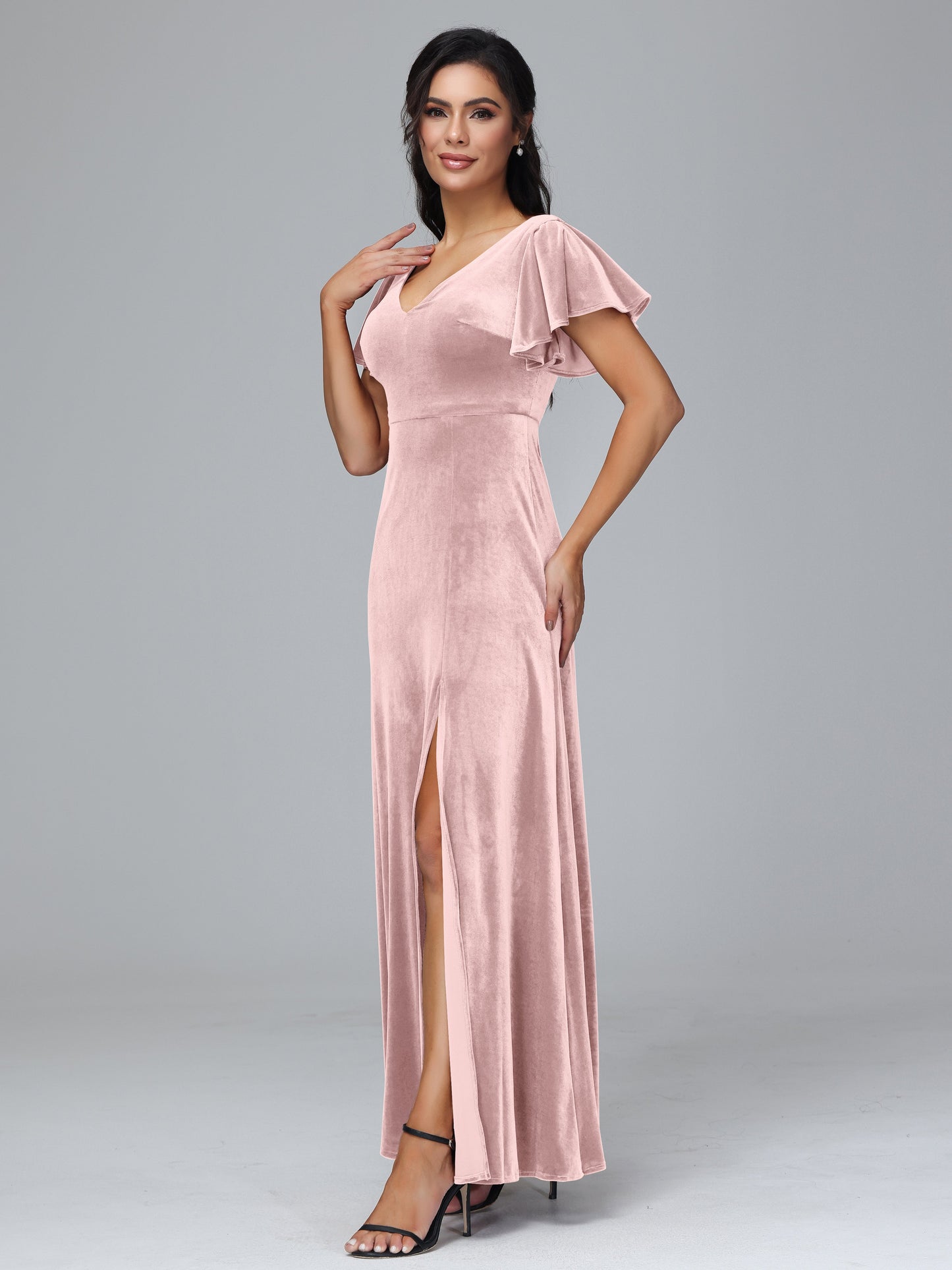 Short Sleeves Velvet Bridesmaid Dress With Slit