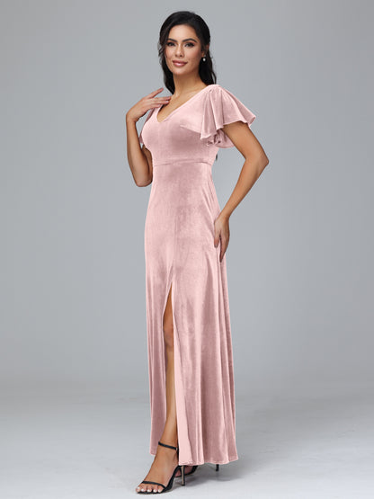 Short Sleeves Velvet Bridesmaid Dress With Slit