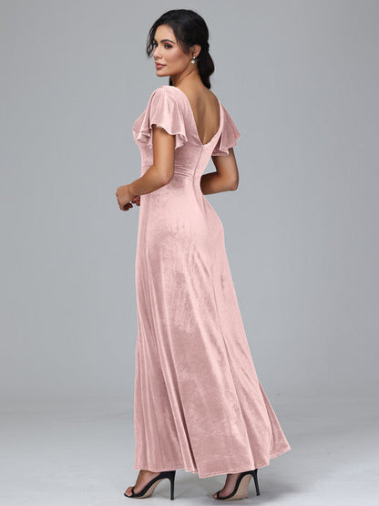 Short Sleeves Velvet Bridesmaid Dress With Slit