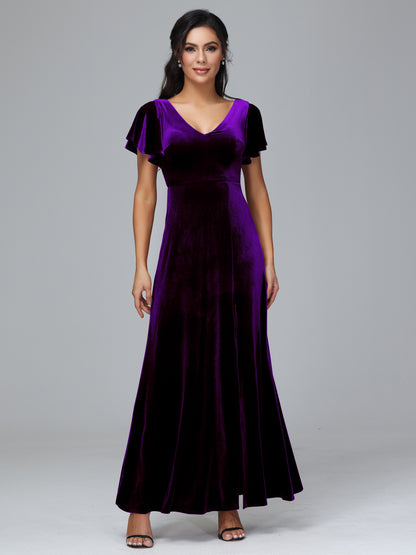 Short Sleeves Plus Size Velvet Bridesmaid Dress With Slit