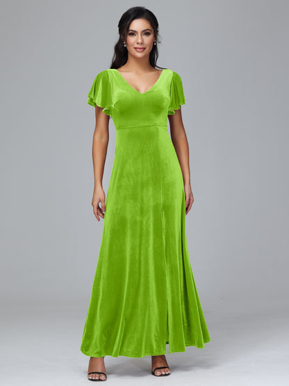 Short Sleeves Plus Size Velvet Bridesmaid Dress With Slit