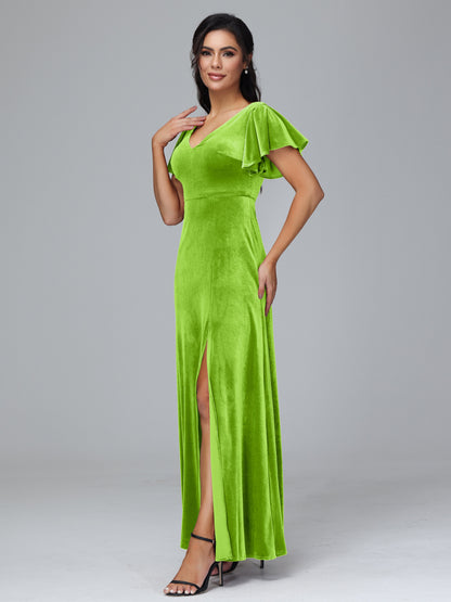 Short Sleeves Plus Size Velvet Bridesmaid Dress With Slit