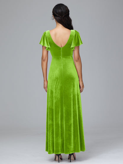 Short Sleeves Velvet Bridesmaid Dress With Slit