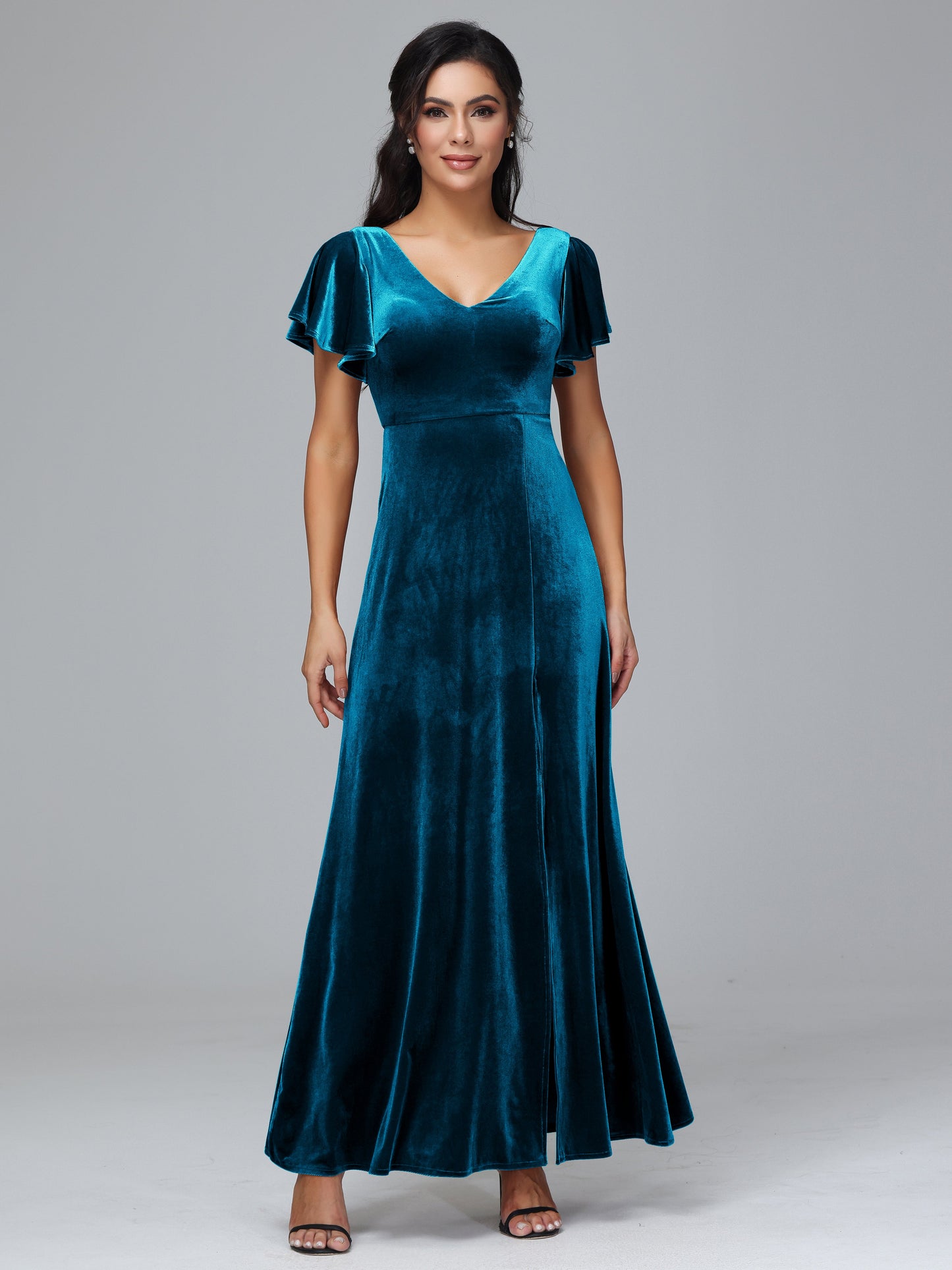 Short Sleeves Velvet Bridesmaid Dress With Slit