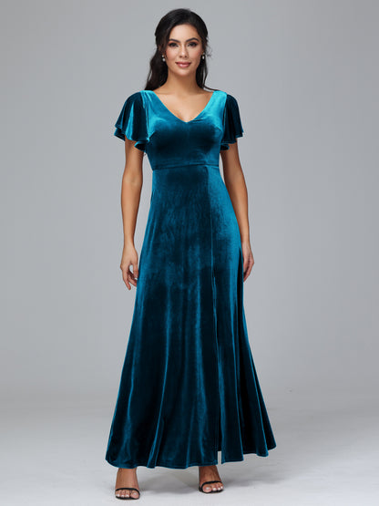 Short Sleeves Velvet Bridesmaid Dress With Slit