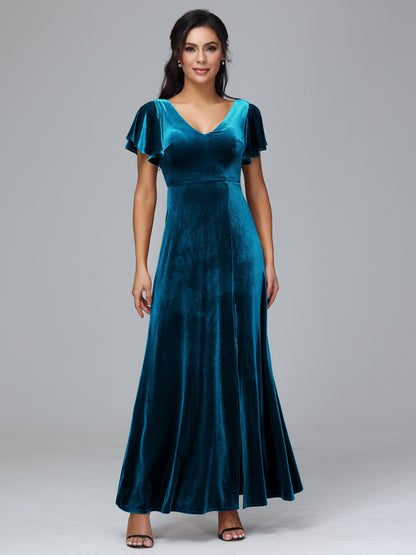 Short Sleeves Plus Size Velvet Bridesmaid Dress With Slit