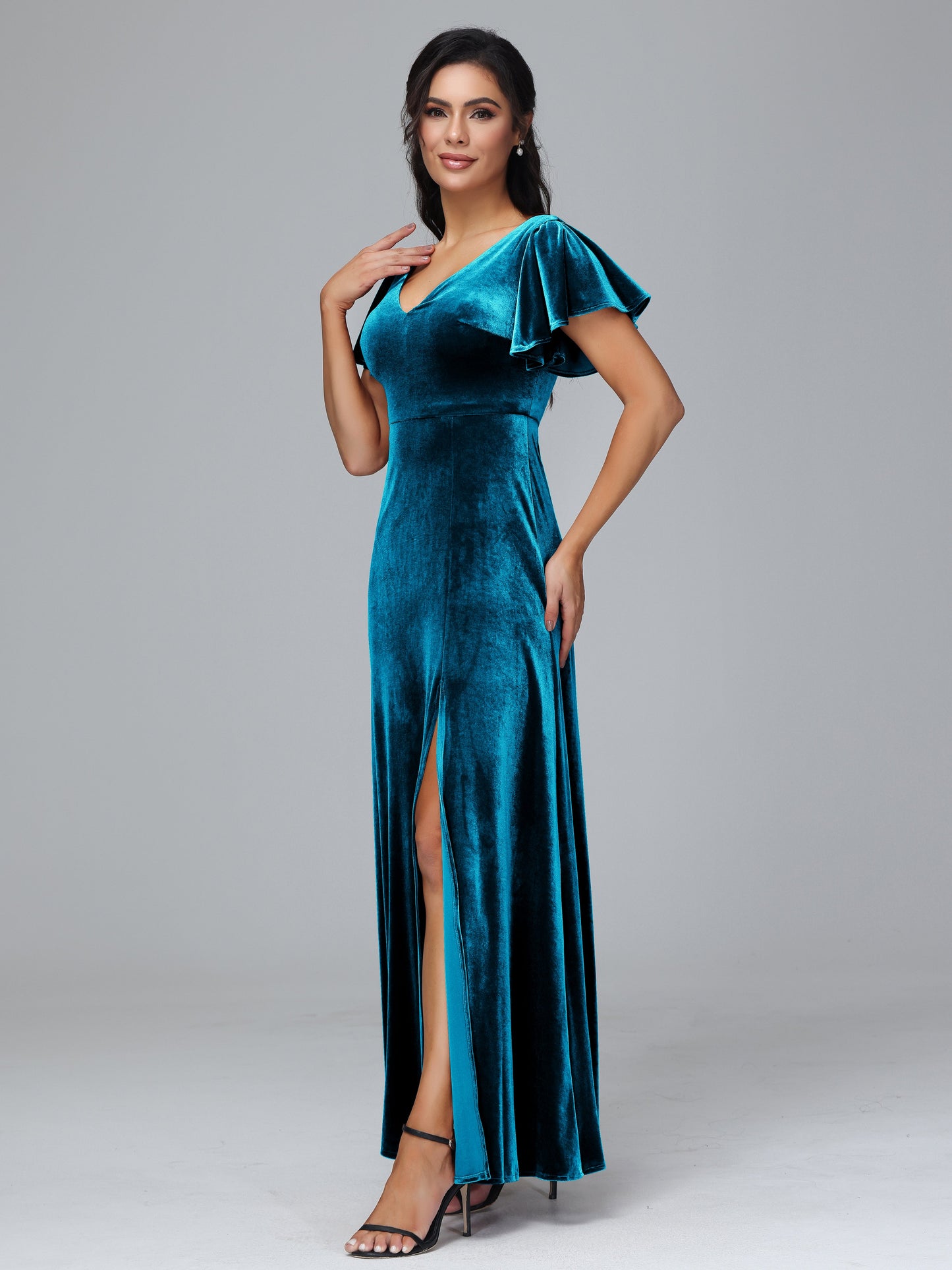 Short Sleeves Velvet Bridesmaid Dress With Slit