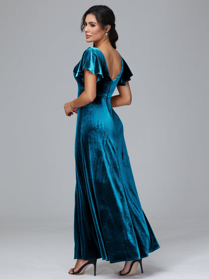 Short Sleeves Plus Size Velvet Bridesmaid Dress With Slit