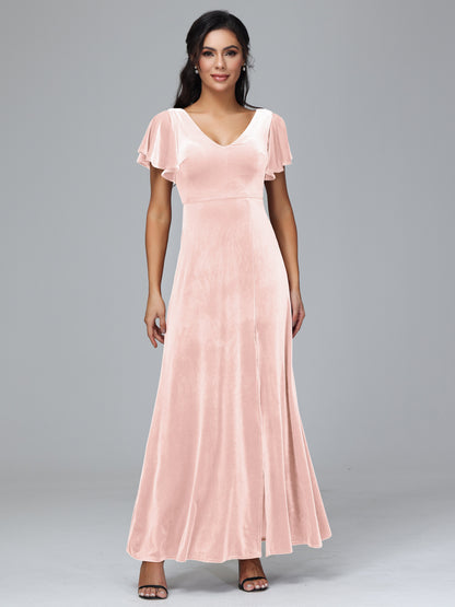 Short Sleeves Velvet Bridesmaid Dress With Slit