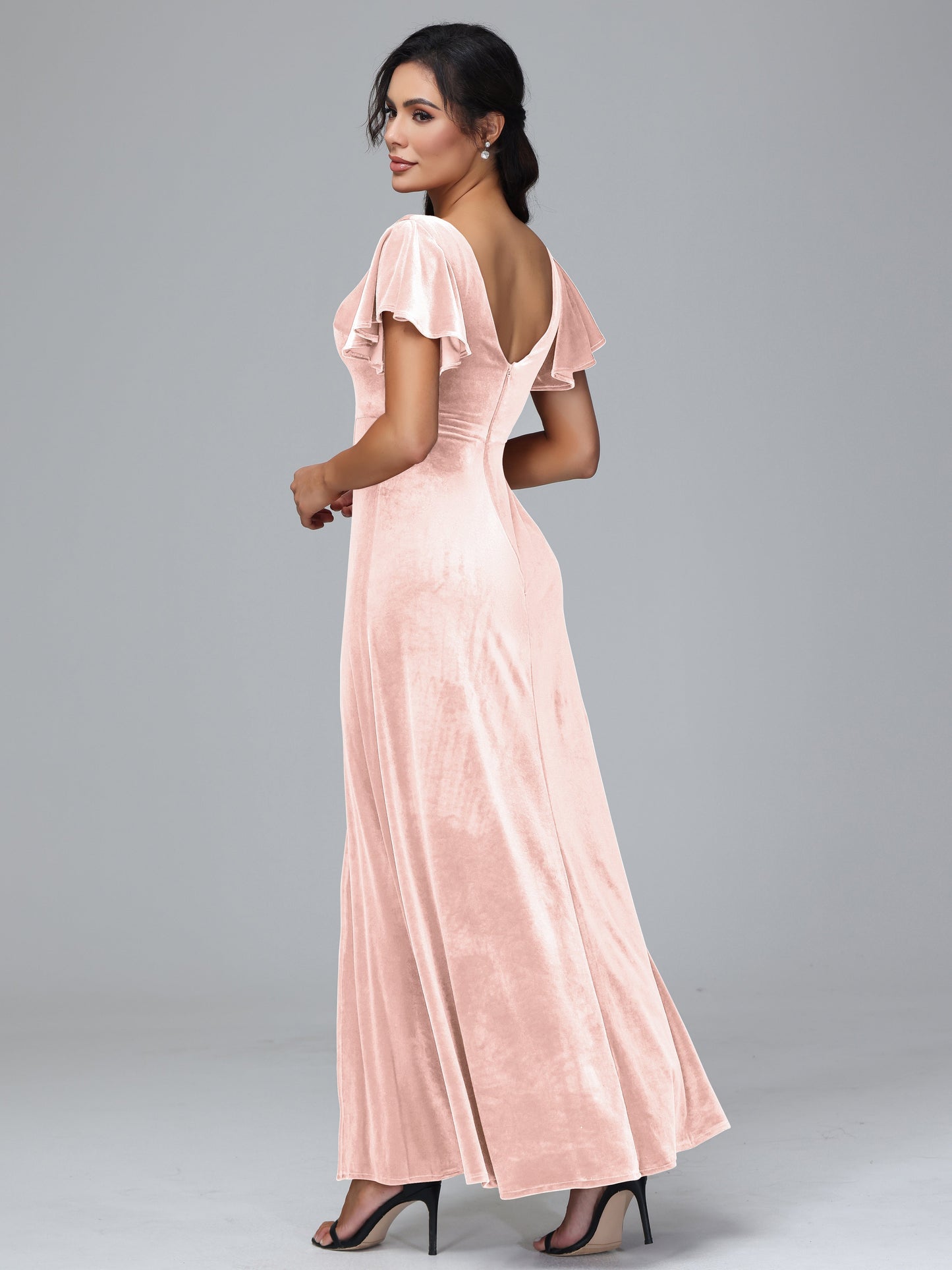 Short Sleeves Plus Size Velvet Bridesmaid Dress With Slit