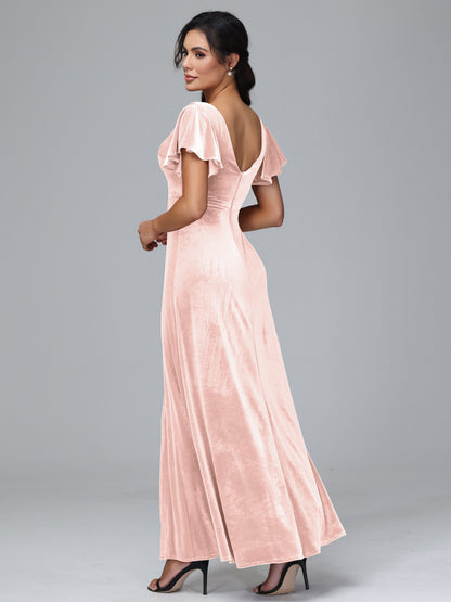 Short Sleeves Plus Size Velvet Bridesmaid Dress With Slit