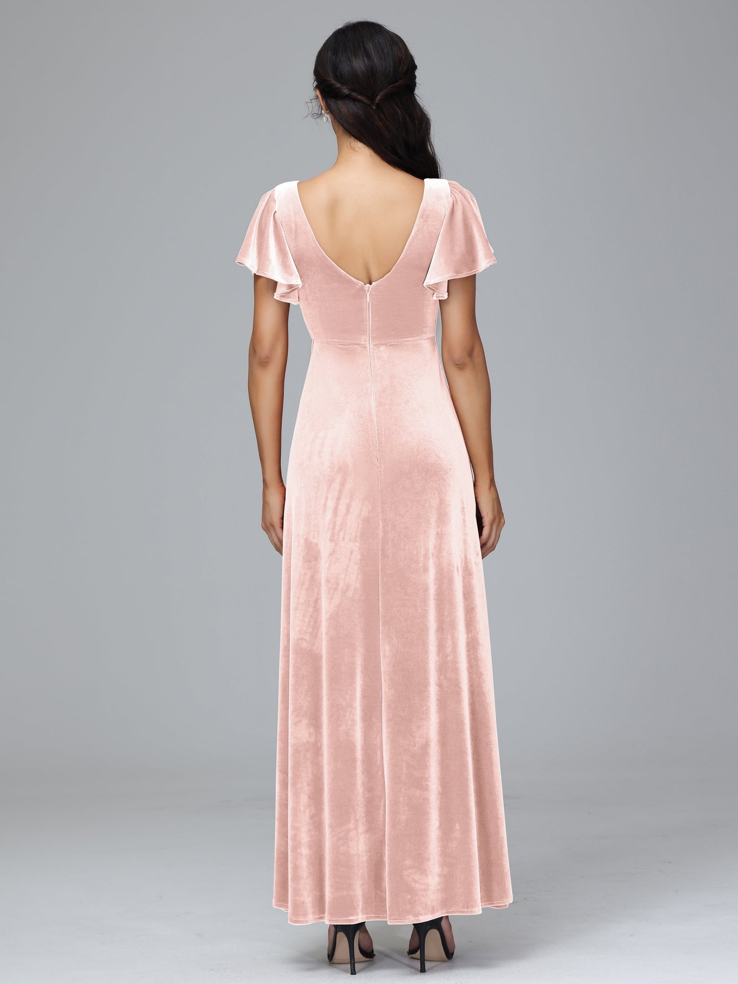 Short Sleeves Velvet Bridesmaid Dress With Slit