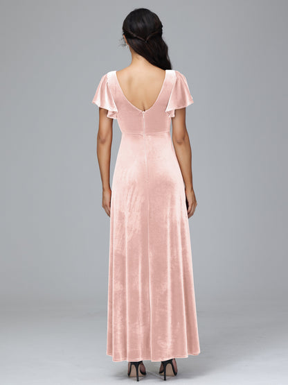 Short Sleeves Velvet Bridesmaid Dress With Slit