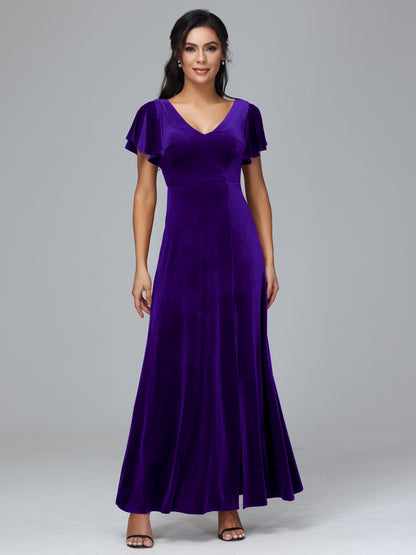 Short Sleeves Plus Size Velvet Bridesmaid Dress With Slit