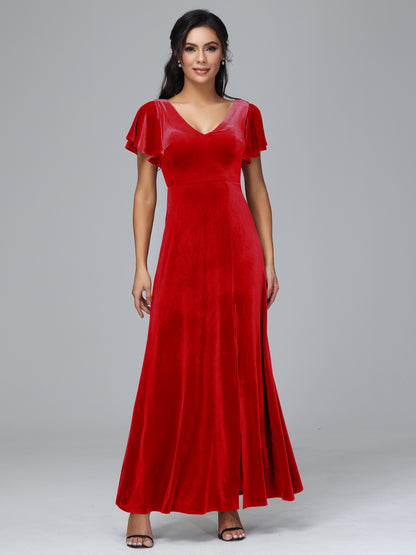 Short Sleeves Velvet Bridesmaid Dress With Slit