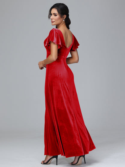Short Sleeves Velvet Bridesmaid Dress With Slit