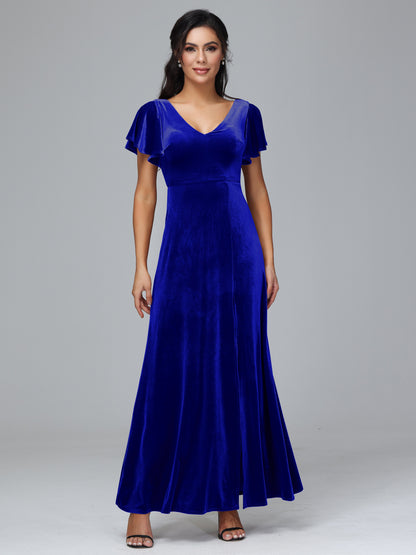 Short Sleeves Velvet Bridesmaid Dress With Slit