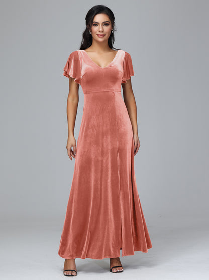 Short Sleeves Plus Size Velvet Bridesmaid Dress With Slit