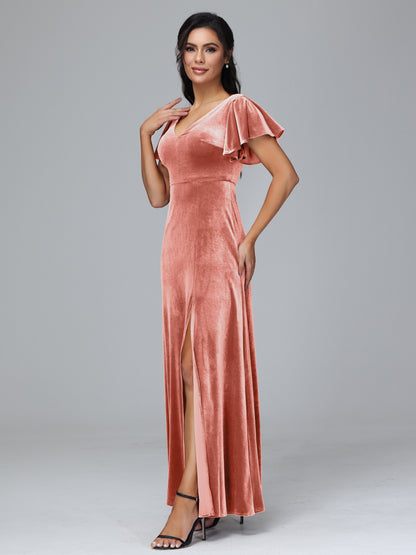Short Sleeves Plus Size Velvet Bridesmaid Dress With Slit