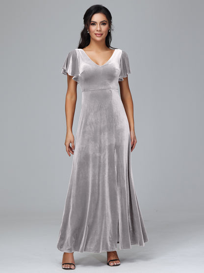 Short Sleeves Plus Size Velvet Bridesmaid Dress With Slit