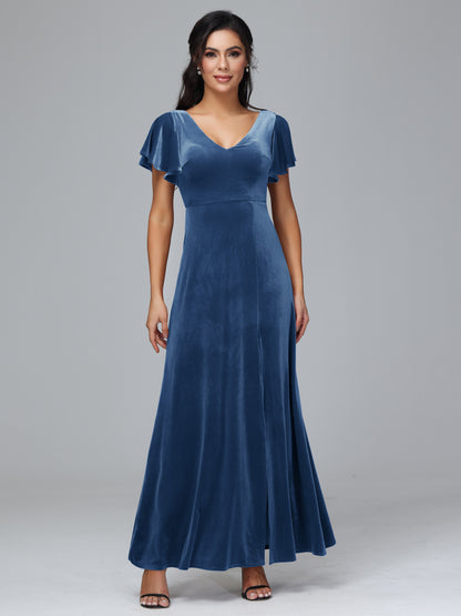 Short Sleeves Velvet Bridesmaid Dress With Slit