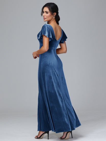 Short Sleeves Velvet Bridesmaid Dress With Slit