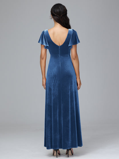 Short Sleeves Velvet Bridesmaid Dress With Slit