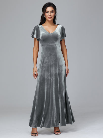 Short Sleeves Velvet Bridesmaid Dress With Slit