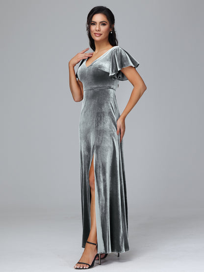 Short Sleeves Velvet Bridesmaid Dress With Slit