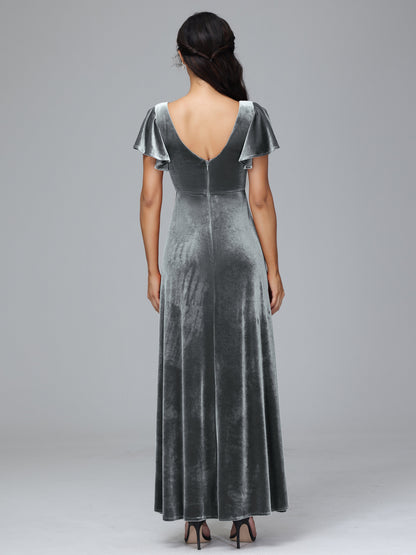 Short Sleeves Velvet Bridesmaid Dress With Slit