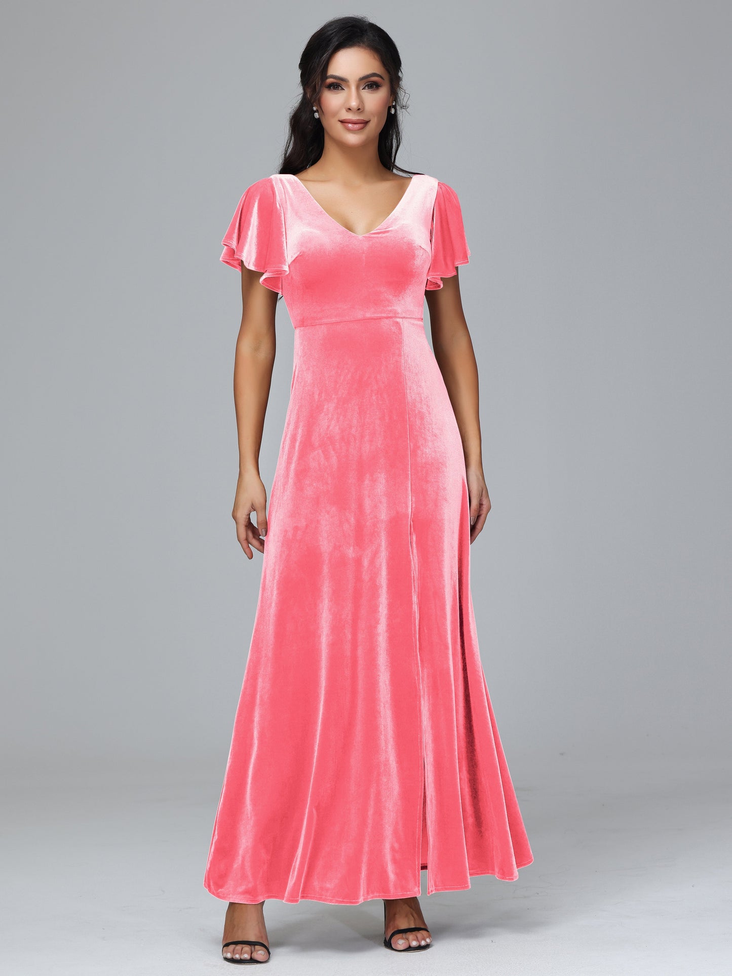 Short Sleeves Plus Size Velvet Bridesmaid Dress With Slit
