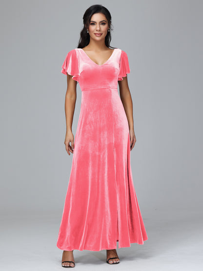 Short Sleeves Plus Size Velvet Bridesmaid Dress With Slit