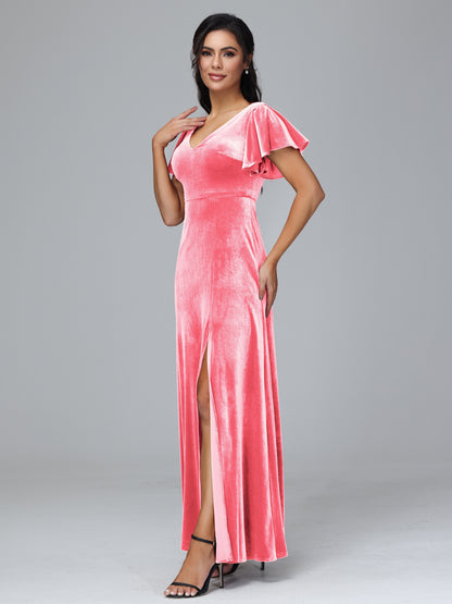 Short Sleeves Velvet Bridesmaid Dress With Slit