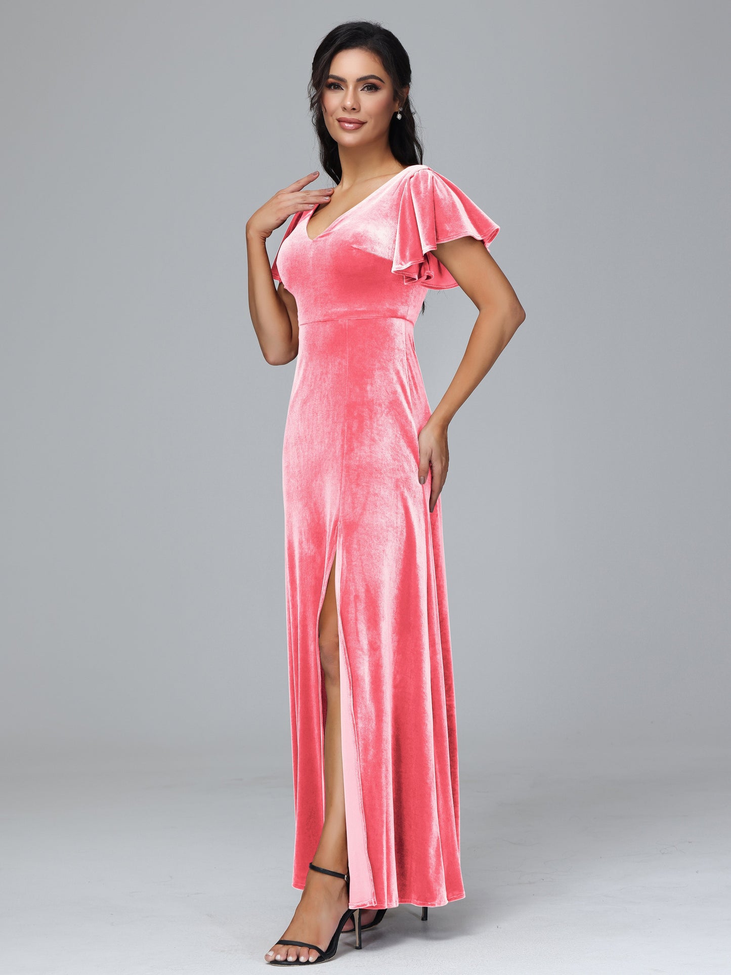 Short Sleeves Plus Size Velvet Bridesmaid Dress With Slit