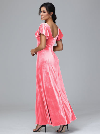 Short Sleeves Velvet Bridesmaid Dress With Slit