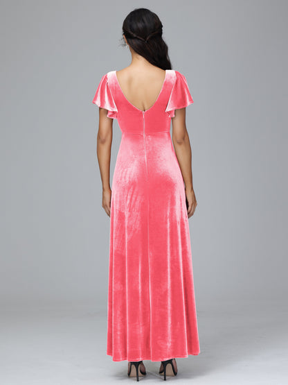Short Sleeves Velvet Bridesmaid Dress With Slit